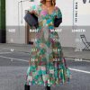 Women Floral Maxi Dress Short Puff Sleeve V Neck Bohemian Flowy Dress Smocked Casual Spring Summer Dresses
