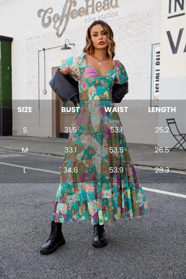 Women Floral Maxi Dress Short Puff Sleeve V Neck Bohemian Flowy Dress Smocked Casual Spring Summer Dresses