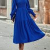 Women 2025 Spring Puff Long Sleeve Crewneck Smocked Maxi Dress Empire Waist Tiered A-line Swing Flowy Long Dress
