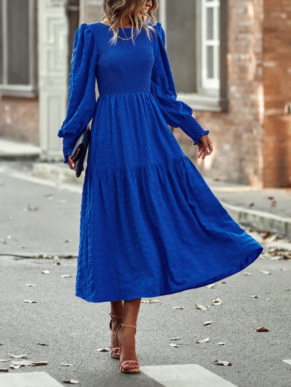 Women 2025 Spring Puff Long Sleeve Crewneck Smocked Maxi Dress Empire Waist Tiered A-line Swing Flowy Long Dress