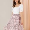 Women's Floral Skirts Summer Chiffon Smocked Elastic Waist A-Line Below Knee Length Ruffle Tiered Skirt