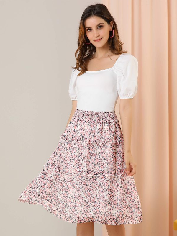 Women's Floral Skirts Summer Chiffon Smocked Elastic Waist A-Line Below Knee Length Ruffle Tiered Skirt