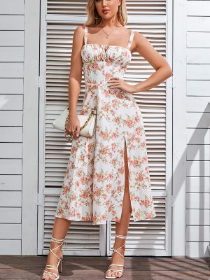 Floral Midi Corset Dress Boho Flowy Slit Lace Up Dresses for Women Going Out A Line Casual Sundress