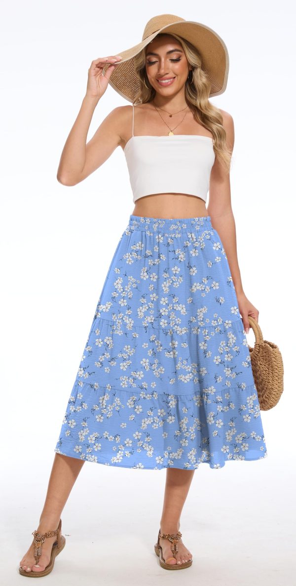 Women's Summer Midi Skirt Tiered Flowy High Waist A-Line Elastic Ruffle Casual Skirts with Pockets