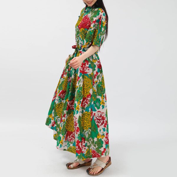 Women Boho Floral Print Cotton Long Maxi Skirt with Pockets and Adjustable Waistband Beach Casual Summer Dress