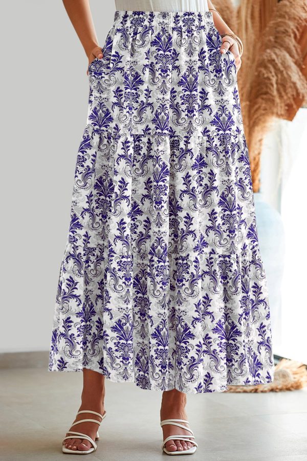 Floral Maxi Skirts for Women Summer Pleated High Waisted Casual Long Skirts with Pockets High Slit Boho Flowy Skirt