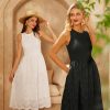 Women's Summer Sleeveless Tank Dress A Line Midi Dress Eyelet Crewneck Casual Holiday Dress with Pockets