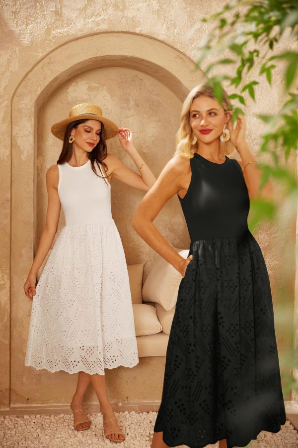 Women's Summer Sleeveless Tank Dress A Line Midi Dress Eyelet Crewneck Casual Holiday Dress with Pockets
