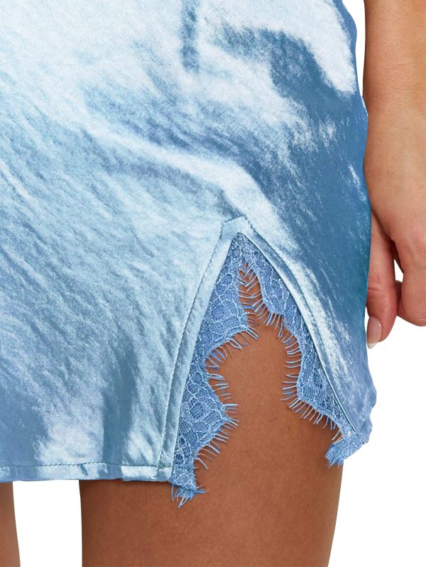Women's Satin Silky Lace Trim Split Slit Hem Zipper High Wasit Mini Short Skirt