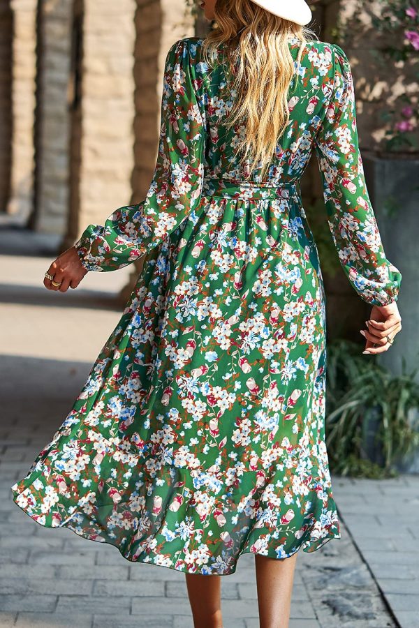 Women's Floral Print Boho Dress Long Sleeve Wrap V Neck Ruffle Belted A-Line Flowy Maxi Dresses