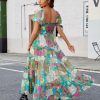 Women Floral Maxi Dress Short Puff Sleeve V Neck Bohemian Flowy Dress Smocked Casual Spring Summer Dresses