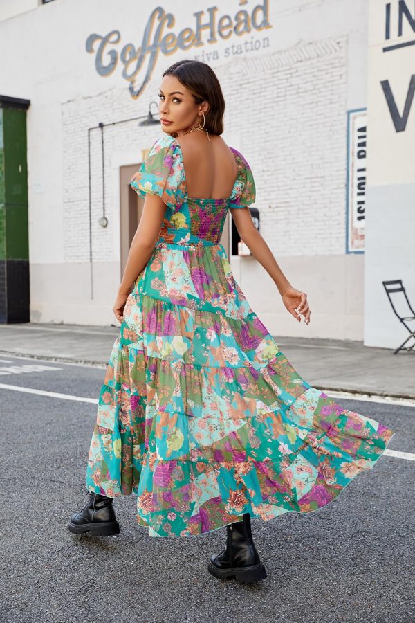 Women Floral Maxi Dress Short Puff Sleeve V Neck Bohemian Flowy Dress Smocked Casual Spring Summer Dresses