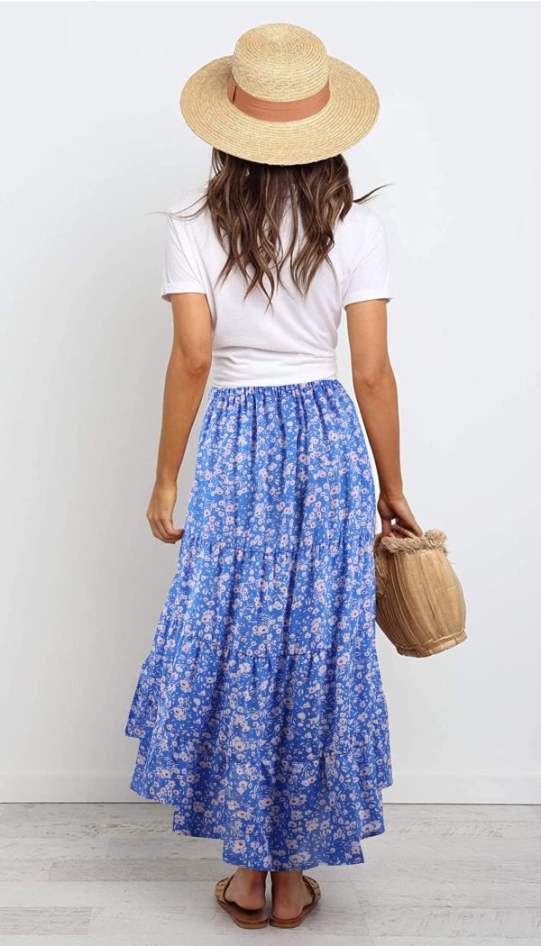 Women's Ditzy Floral Print Midi Skirt Boho Elastic High Waist Long Skirts for Women Trendy High Low Hem