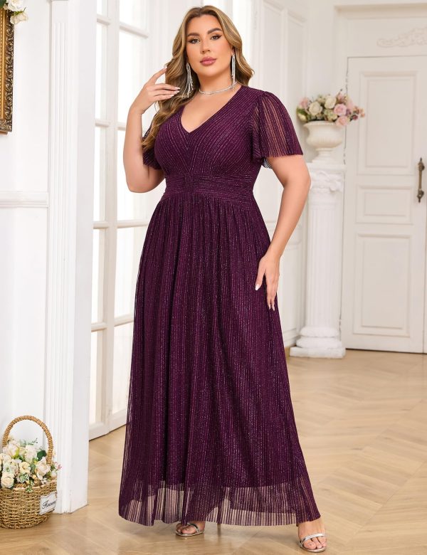 Plus Size Maxi Formal Dress Sparkly V-Neck A-line Ruffle Sleeves Evening Gown Cocktail Prom Glitter