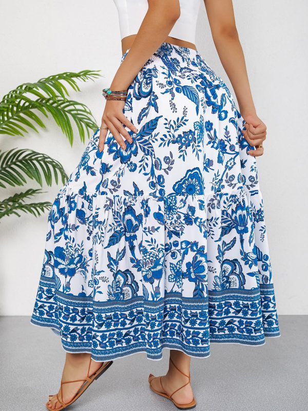 Women's Boho Skirt Elastic High Waist Pleated A-Line Flared Maxi Skirts Womens Flowy Long Skirts