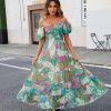 Women Floral Maxi Dress Short Puff Sleeve V Neck Bohemian Flowy Dress Smocked Casual Spring Summer Dresses