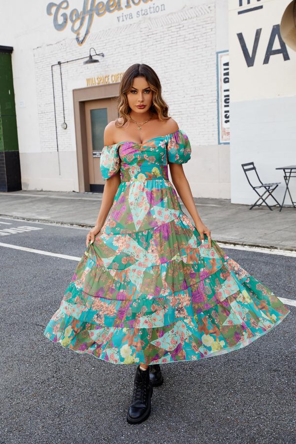 Women Floral Maxi Dress Short Puff Sleeve V Neck Bohemian Flowy Dress Smocked Casual Spring Summer Dresses