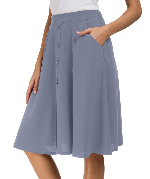 Womens Casual Pleated High Waisted A Line Midi Button Front Skirts with Pockets