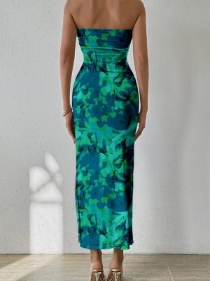 Women's Summer Maxi Bodycon Dresses Strapless Tube Top Slit Floral Printed Party Club Long Dress
