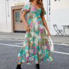 Women Floral Maxi Dress Short Puff Sleeve V Neck Bohemian Flowy Dress Smocked Casual Spring Summer Dresses