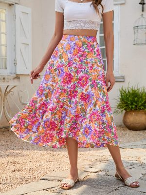 Women's Long Skirts Boho Floral Elastic High Waist Asymmetrical Hem Midi Skirt