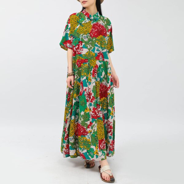 Women Boho Floral Print Cotton Long Maxi Skirt with Pockets and Adjustable Waistband Beach Casual Summer Dress