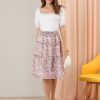 Women's Floral Skirts Summer Chiffon Smocked Elastic Waist A-Line Below Knee Length Ruffle Tiered Skirt