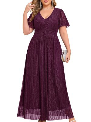 Plus Size Maxi Formal Dress Sparkly V-Neck A-line Ruffle Sleeves Evening Gown Cocktail Prom Glitter