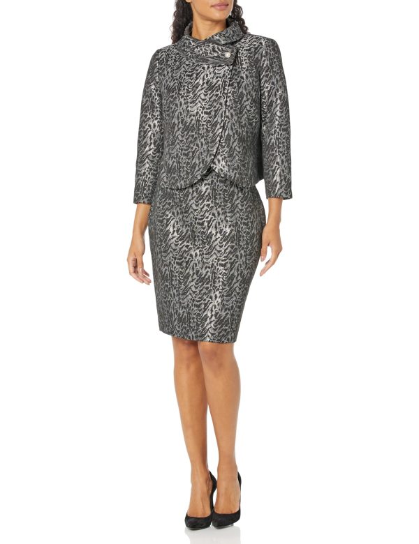 Women's Metallic Jacquard Fold Over Jacket/Skirt Suit