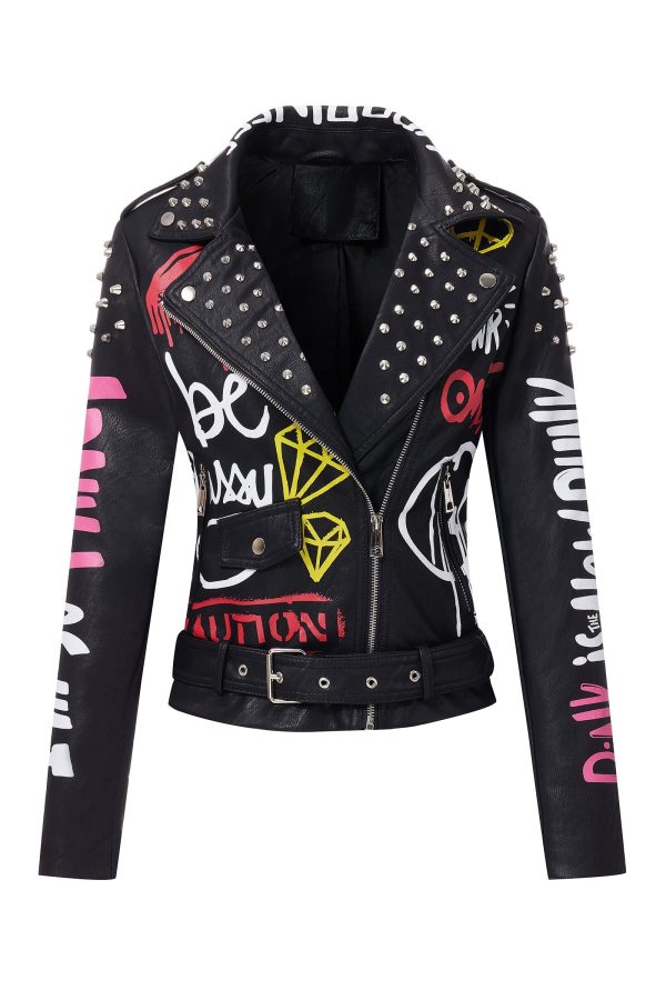 Women Faux Leather Jacket Studded Rivet Spring Fall Winter Fashion, Moto Biker Trendy Clothes Streetwear Belted