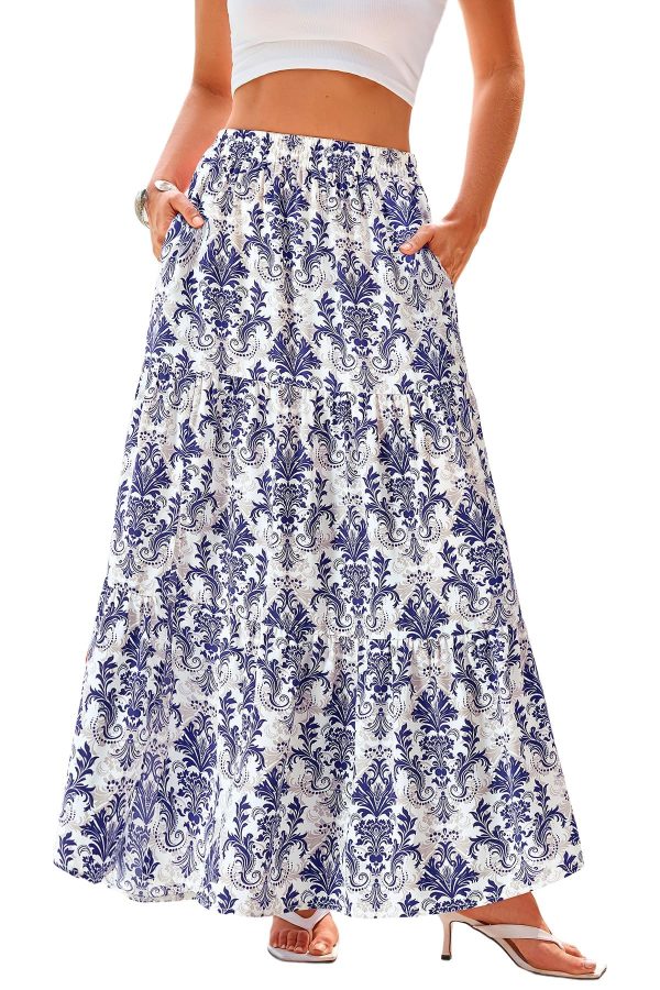 Floral Maxi Skirts for Women Summer Pleated High Waisted Casual Long Skirts with Pockets High Slit Boho Flowy Skirt