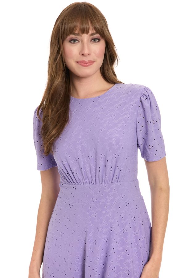 Women's Eyelet Midi A-line Puff Sleeves-Gathered Waist Empire Cut-Wedding Guest Dress