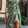 Women's Floral Print Boho Dress Long Sleeve Wrap V Neck Ruffle Belted A-Line Flowy Maxi Dresses
