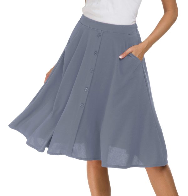 Womens Casual Pleated High Waisted A Line Midi Button Front Skirts with Pockets
