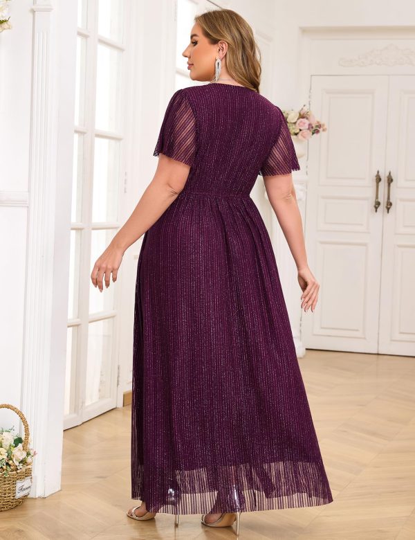 Plus Size Maxi Formal Dress Sparkly V-Neck A-line Ruffle Sleeves Evening Gown Cocktail Prom Glitter
