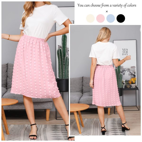 Women's Boho Swiss Dot High Elastic Waist Pleated A-Line Midi Skirt