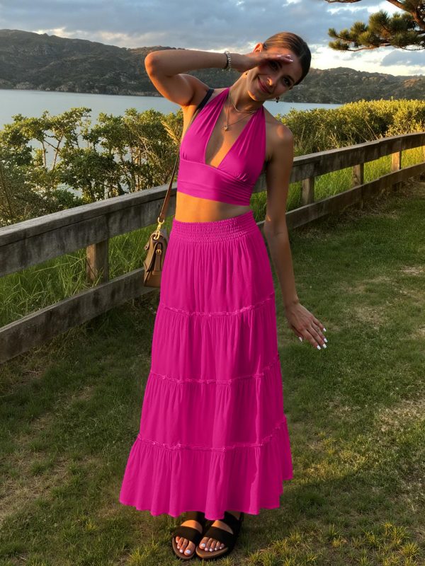 Women’s Summer Boho Maxi Skirts Smocked High Wasited Flowy Tiered Ruffle A Line Long Beach Skirt