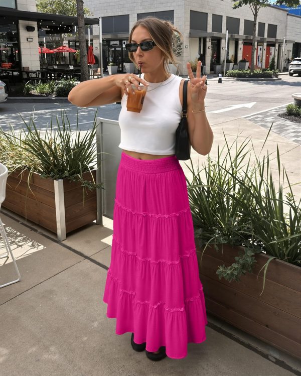 Women’s Summer Boho Maxi Skirts Smocked High Wasited Flowy Tiered Ruffle A Line Long Beach Skirt