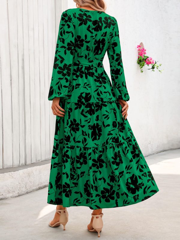 Womens Spring Long Sleeve Wrap V Neck Ruffle Floral Maxi Dress Casual Tie Waist Boho Chiffon Flowy Long Dresses