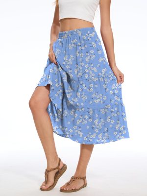 Women's Summer Midi Skirt Tiered Flowy High Waist A-Line Elastic Ruffle Casual Skirts with Pockets