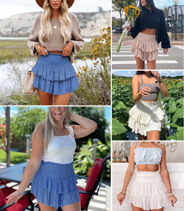 Women's Cute High Waist Ruffle Mini Skirt Layered Ruffle Hem Flared Flowy Casual Swing Beach Mini Short Skirt
