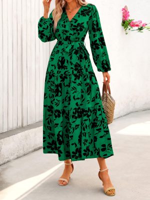 Womens Spring Long Sleeve Wrap V Neck Ruffle Floral Maxi Dress Casual Tie Waist Boho Chiffon Flowy Long Dresses
