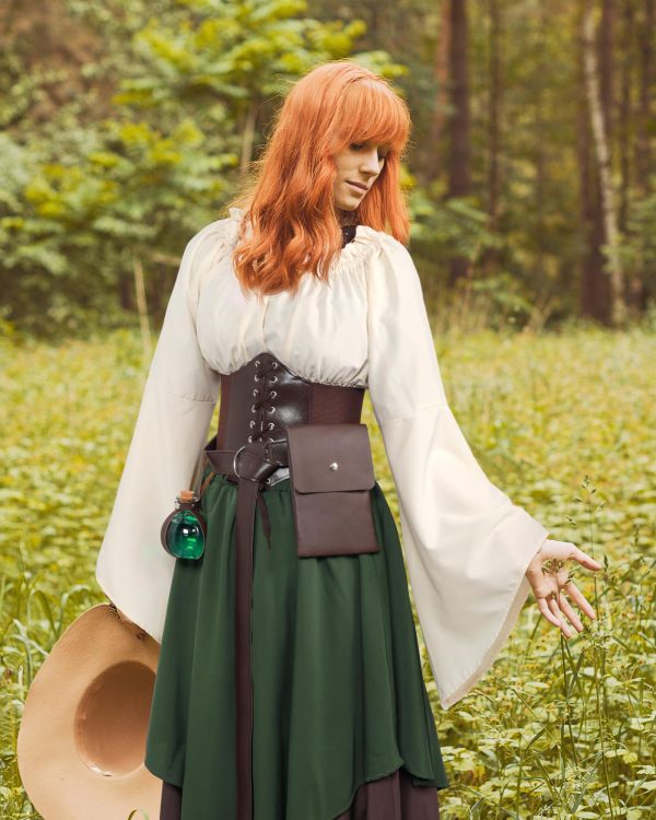 Women Medieval Renaissance Dress Costume Halloween Blouse Top Skirt Pouch Corset Belt Bottle