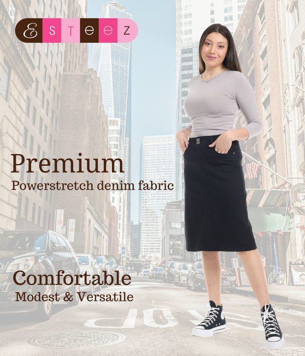 Knee Length Flary A-Line Stretch Denim Jean Skirt for Women with Pockets - Sydney