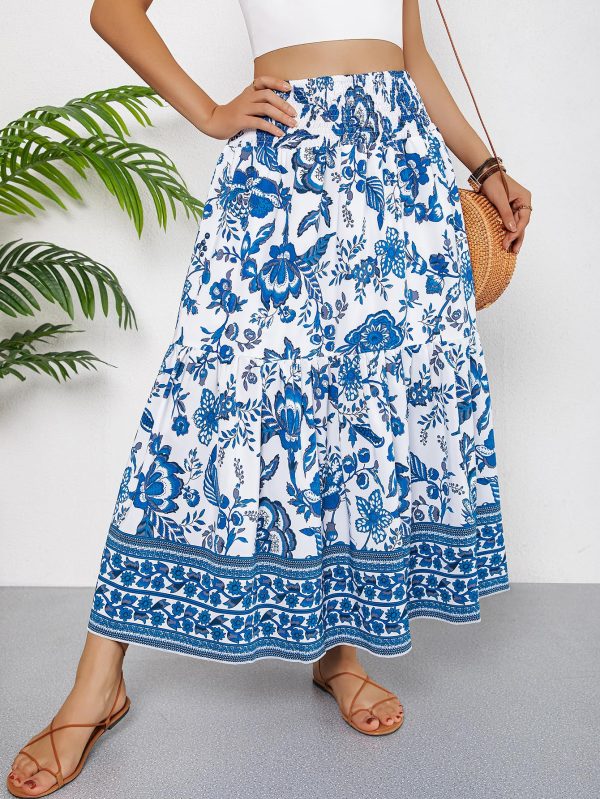 Women's Boho Skirt Elastic High Waist Pleated A-Line Flared Maxi Skirts Womens Flowy Long Skirts