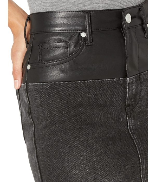 Womens Vegan Leather & Denim High Rise Mini Skirt with Raw Hem FinishSkirt