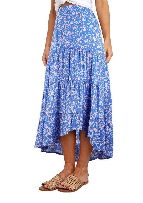 Women's Ditzy Floral Print Midi Skirt Boho Elastic High Waist Long Skirts for Women Trendy High Low Hem