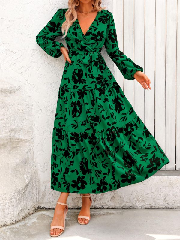Womens Spring Long Sleeve Wrap V Neck Ruffle Floral Maxi Dress Casual Tie Waist Boho Chiffon Flowy Long Dresses