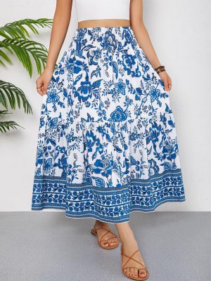 Women's Boho Skirt Elastic High Waist Pleated A-Line Flared Maxi Skirts Womens Flowy Long Skirts