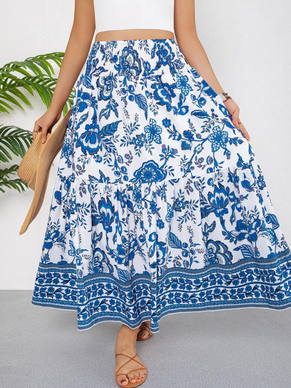 Women's Boho Skirt Elastic High Waist Pleated A-Line Flared Maxi Skirts Womens Flowy Long Skirts